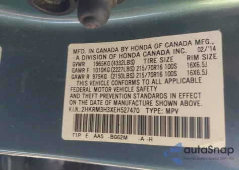 2014 Honda Cr-V Lx z USA, uszkodzony, nr VIN 2HKRM3H3XEH527470